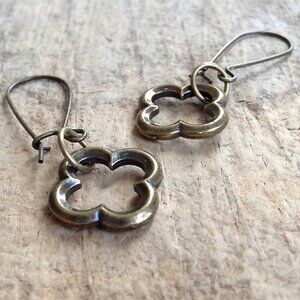 Antique Brass Pewter Quatrefoil Drop Earrings Four Leaf Clover - 16mm Diameter